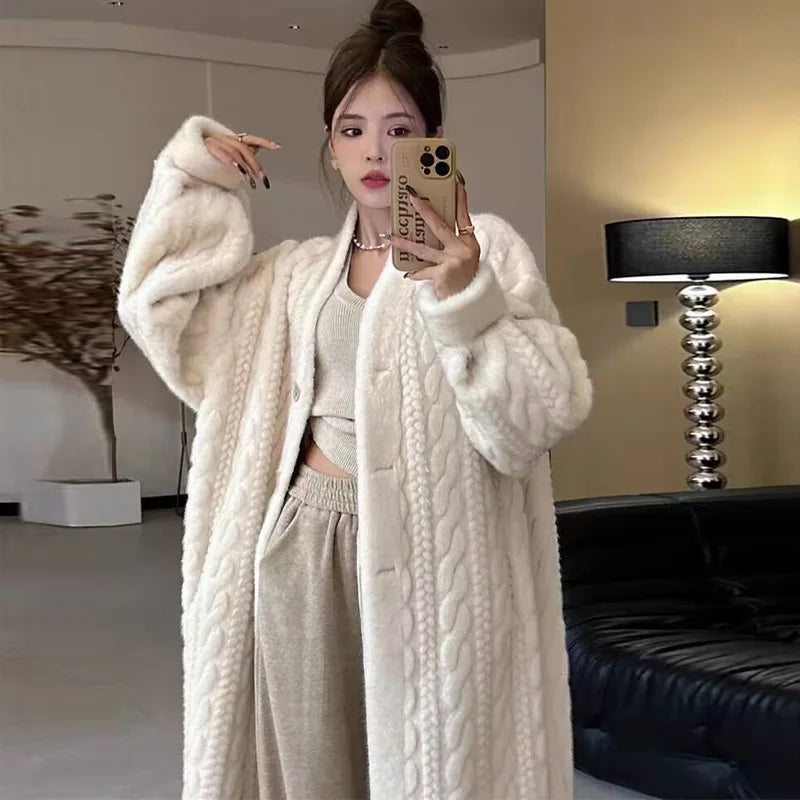 Coat Long Cotton Fur Coat Cream Thin Coat Women